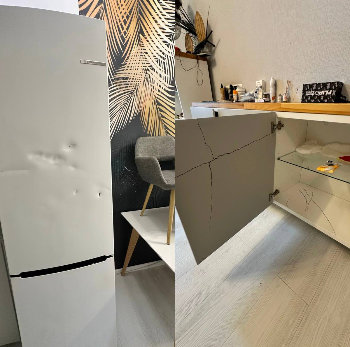 Спортсмен будто тренировал удары на всем, что видит.  Пострадали стены, холодильник, мебель, двери и окна. Источник: tg @myslishki_maryjane
