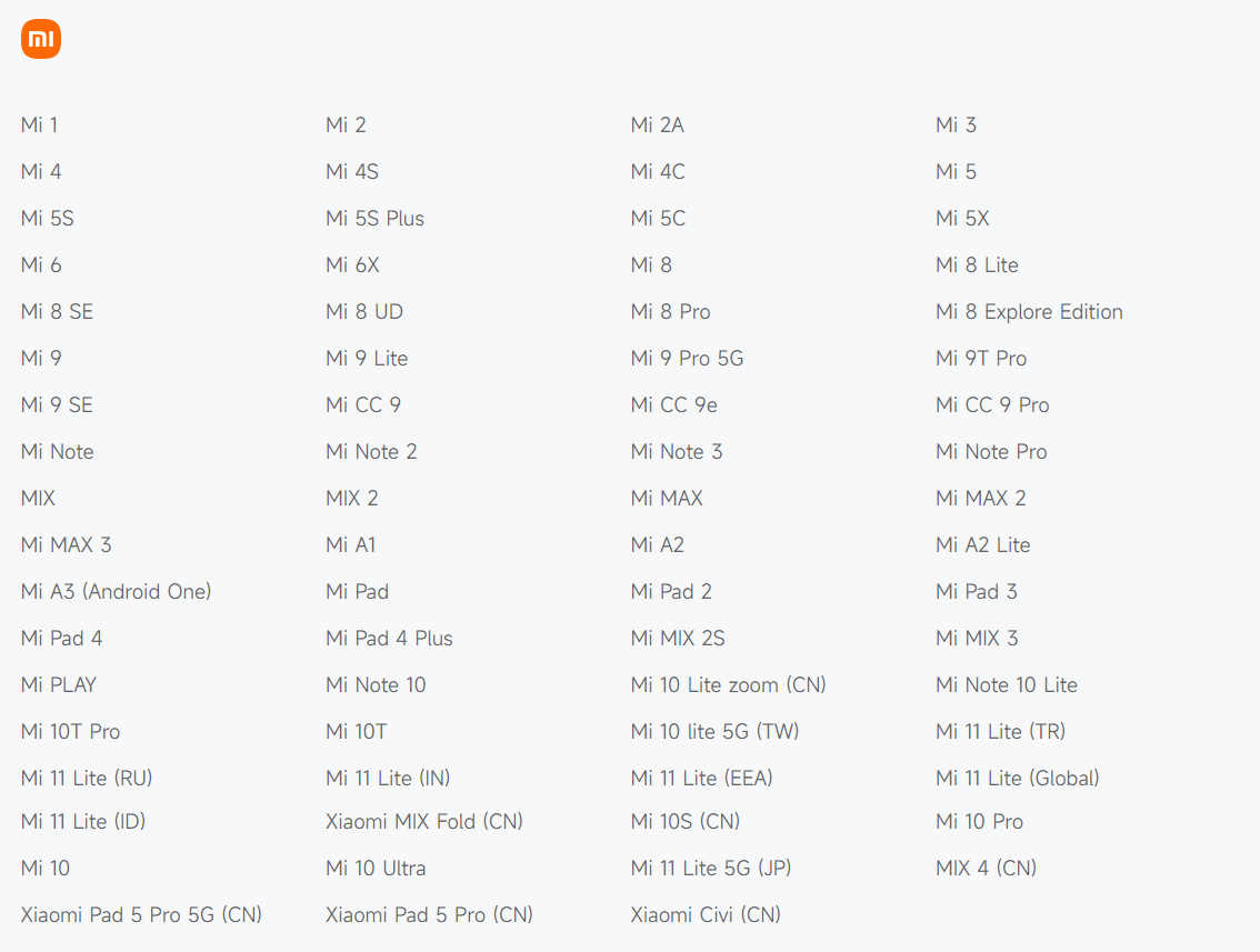 Устройства Xiaomi, поддержка которых прекращена