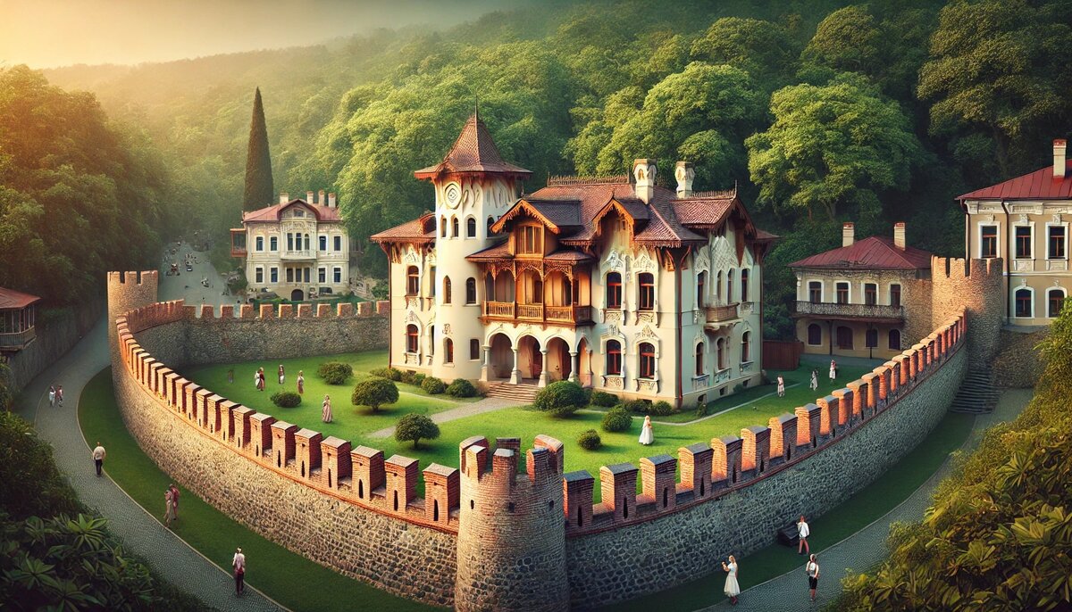 На фотографии изображены исторические памятники Сочи. На переднем плане показана хорошо сохранившаяся стена древней крепости, окружённая зеленью, которая символизирует древнюю историю города. На заднем плане видна отреставрированная вилла XIX века, принадлежавшая известной личности. Посетители осматривают достопримечательности, фотографируют и погружаются в атмосферу культурного наследия Сочи.