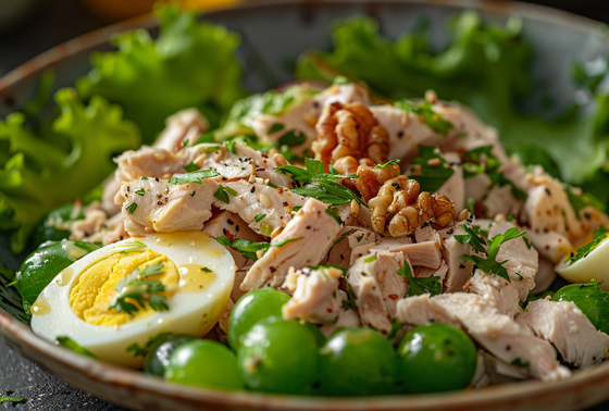    Корейский виноград и блюда с ним: салат с копченой курицей и грецкими орехами