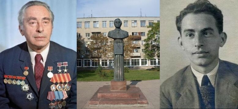 А. Э. Нудельман в разные годы жизни и памятник ему в Одессе, где он родился