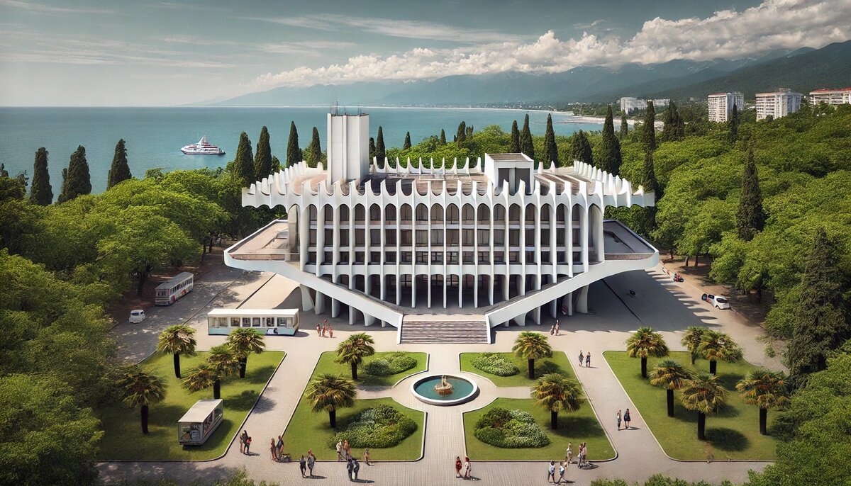 Фотография изображает яркий пример архитектуры советского модернизма в Сочи. Здание выделяется смелыми геометрическими линиями и функциональным дизайном, окружено зеленью с видом на Черное море. Посетители осматривают объект, подчеркивая его культурную и историческую значимость. Эта сцена передает уникальный стиль и наследие советской архитектуры.