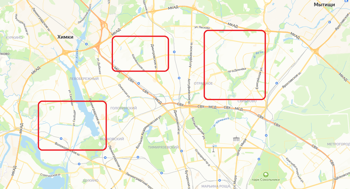 Районы, которые лично мне нравятся для проживания. В основном это север Москвы.