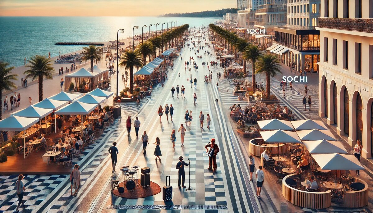На фотографии изображена главная набережная Сочи. Широкая прогулочная зона украшена пальмами, уютными кафе и уличными артистами, создающими атмосферу праздника. На заднем плане блестит Черное море, а семьи и туристы неспешно гуляют, наслаждаясь видами и достопримечательностями, такими как арт-инсталляции и панорамные виды.