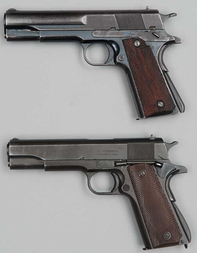Пистолеь Obreon вверху, пистолет Colt M1911A1 внизу.