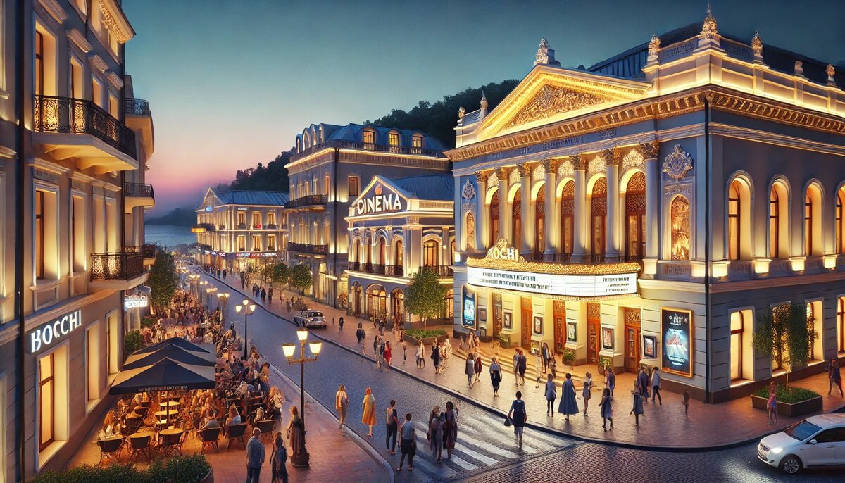 На фотографии изображены театры и кинотеатры Сочи, идеально подходящие для вечернего культурного досуга. Вечерний театр с элегантной подсветкой и архитектурными деталями окружён людьми, ожидающими начала представления. Рядом расположен современный кинотеатр с яркой афишей новых фильмов. Посетители гуляют по освещённой улице, создавая атмосферу оживлённого культурного центра.