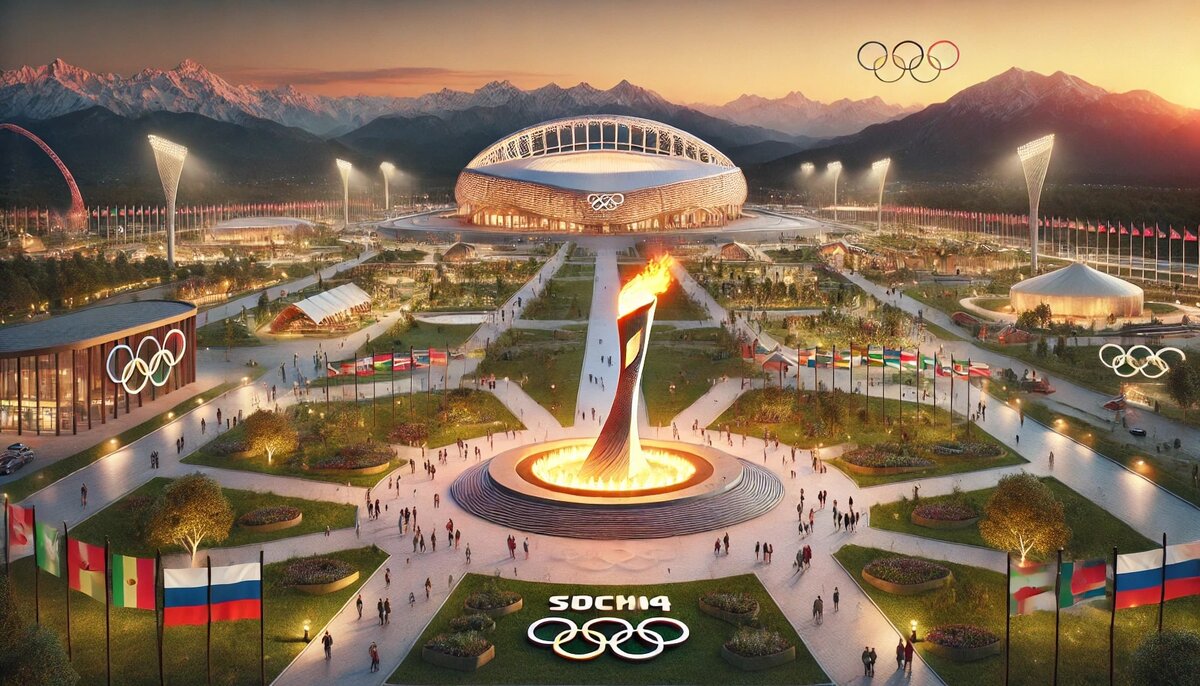 На фотографии изображены знаковые места, связанные с Олимпийскими играми 2014 года в Сочи. В центре внимания — Олимпийский стадион «Фишт», освещённый на фоне заката, и чаша Олимпийского огня. Посетители гуляют по благоустроенному Олимпийскому парку с фонтанами, дорожками и флагами стран-участниц. На заднем плане виднеются величественные сочинские горы, подчёркивая наследие зимних игр.