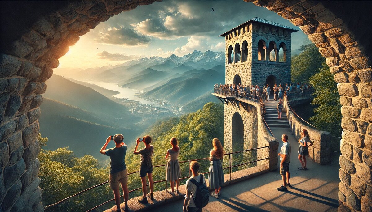 На фотографии изображена экскурсия к башне на горе Ахун в Сочи. Туристы осматривают историческую каменную башню и наслаждаются панорамными видами на Черное море и Кавказские горы. На переднем плане показана башня, а вдалеке — зелёные леса и величественные пейзажи. Сцена передает сочетание природной красоты и культурного наследия, характерное для экскурсий в Сочи.