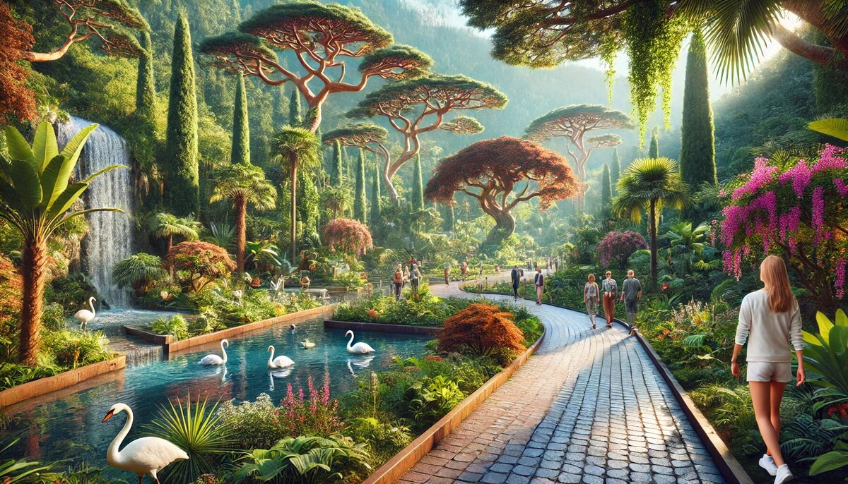 На фотографии изображён сочинский Дендрарий — уникальный природный парк в центре курорта. Экзотические деревья, цветущие растения и яркая зелень окружают живописную дорожку. Посетители прогуливаются, любуясь редкими растениями, а рядом с тропинкой виден пруд с лебедями и утками. Парк создаёт атмосферу уюта и природного спокойствия, подчеркивая богатство местной флоры и фауны.