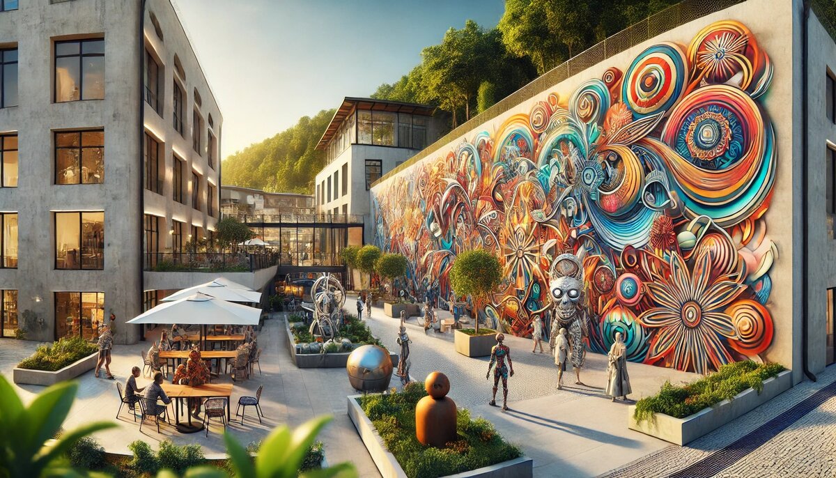 На фотографии изображен уличный арт-кластер в Сочи. На переднем плане — красочный настенный мурал с абстрактным дизайном, который привлекает внимание. Люди прогуливаются среди современных скульптур и арт-объектов, окружённых зеленью и уютными кафе. Сцена подчёркивает энергичную атмосферу уличного искусства и креативных пространств в городе.