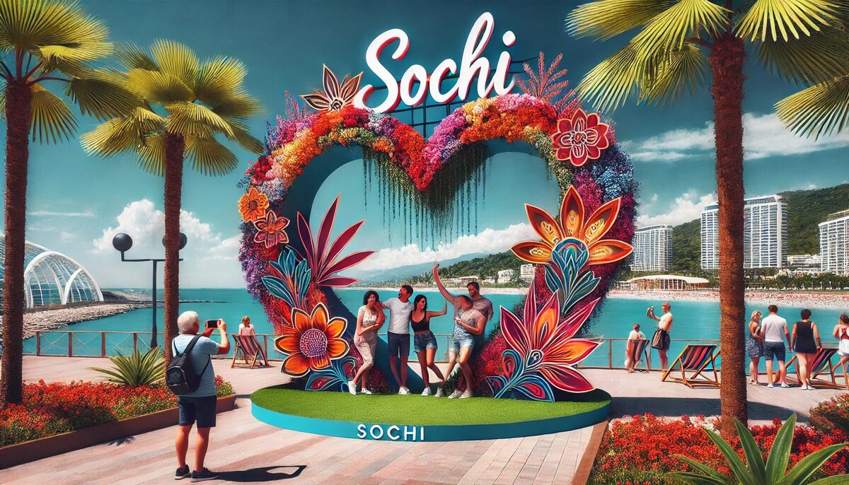 На фотографии изображена одна из самых популярных фотозон в Сочи. На переднем плане — декоративная арка в форме сердца, украшенная цветами, с надписью «Сочи». На заднем плане виден Черное море и пальмы. Туристы позируют на фоне этой инсталляции под ясным небом, создавая яркие и запоминающиеся снимки.