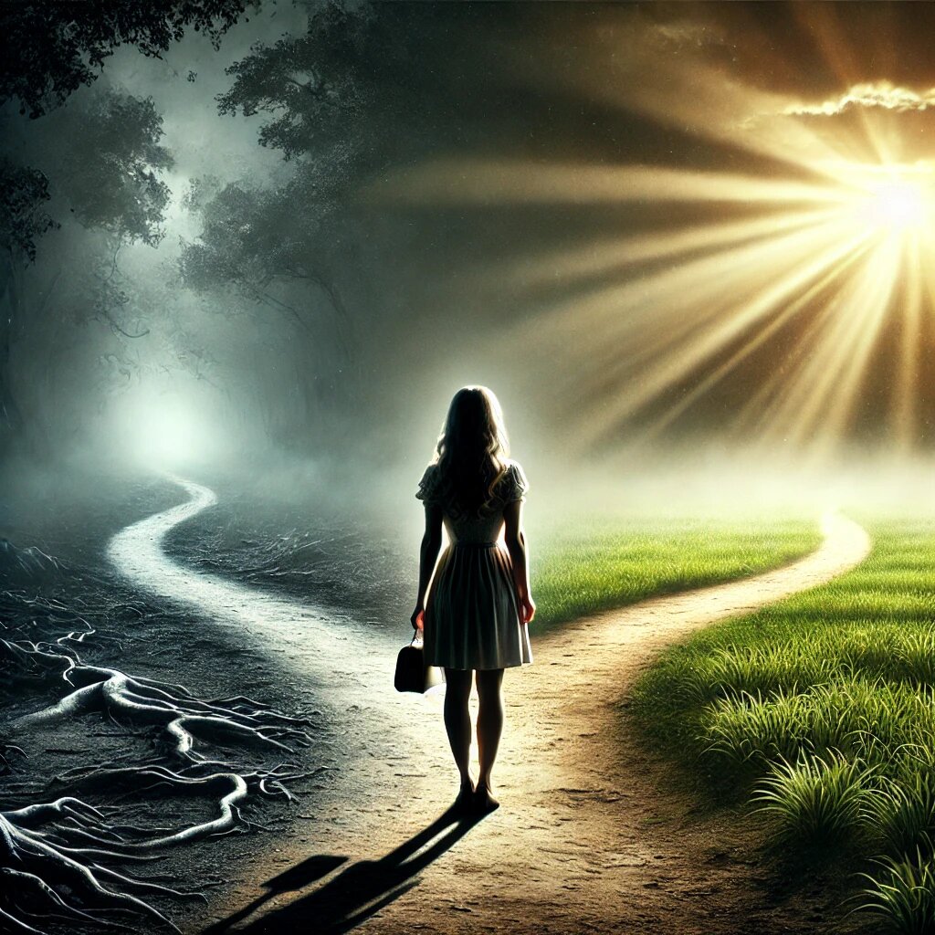 женщина на распутье, с одной стороны путь ведёт в тёмный лес, а с другой — в солнечную поляну, символизирующую выбор между страхом и надеждой