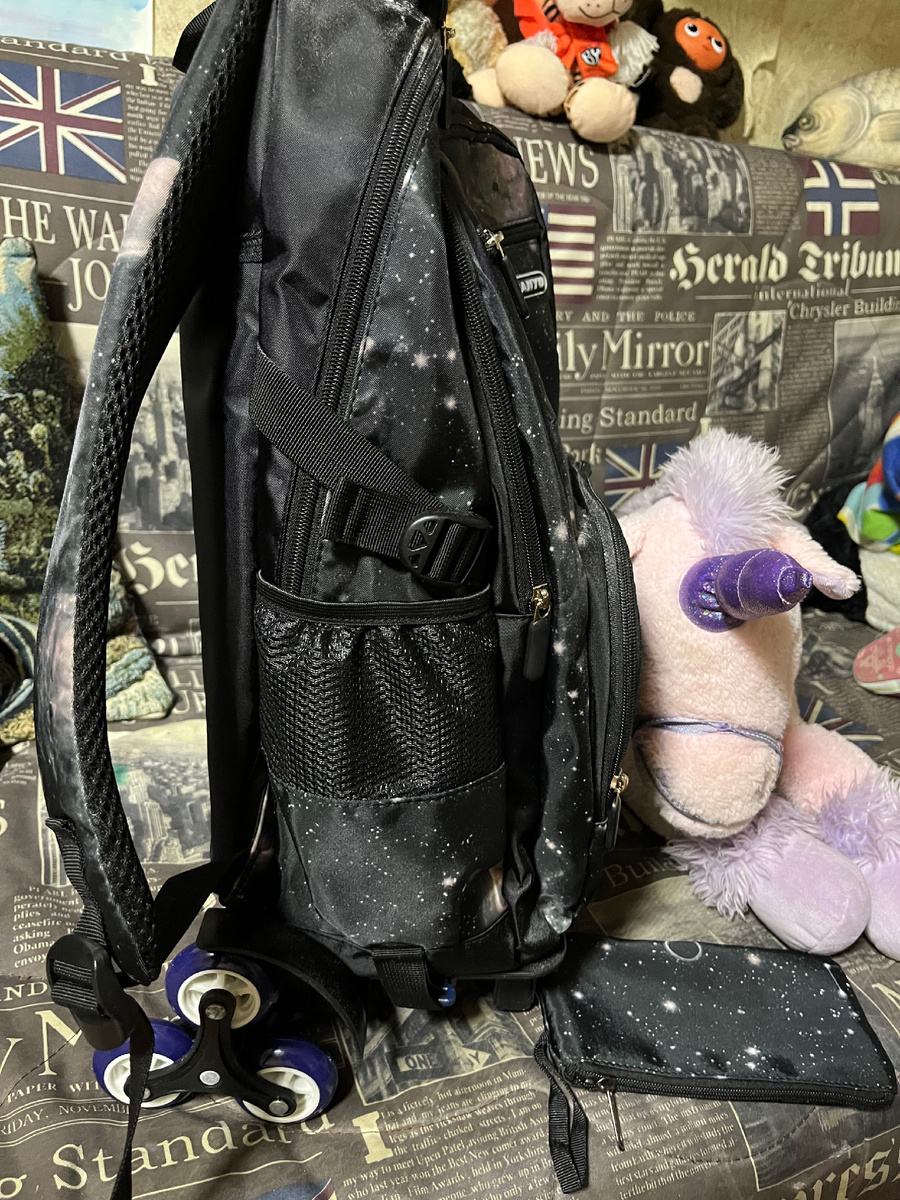 Фото автора. На колесиках тройных можно подниматься по лестнице. И еще и ручка выдвигается. Есть пенал и термосумочка для завтраков. Еще положили в подарок ручку с запасными стержнями и блокнотик. Есть не промокаемый чехол на колеса,  если нести на спине. 