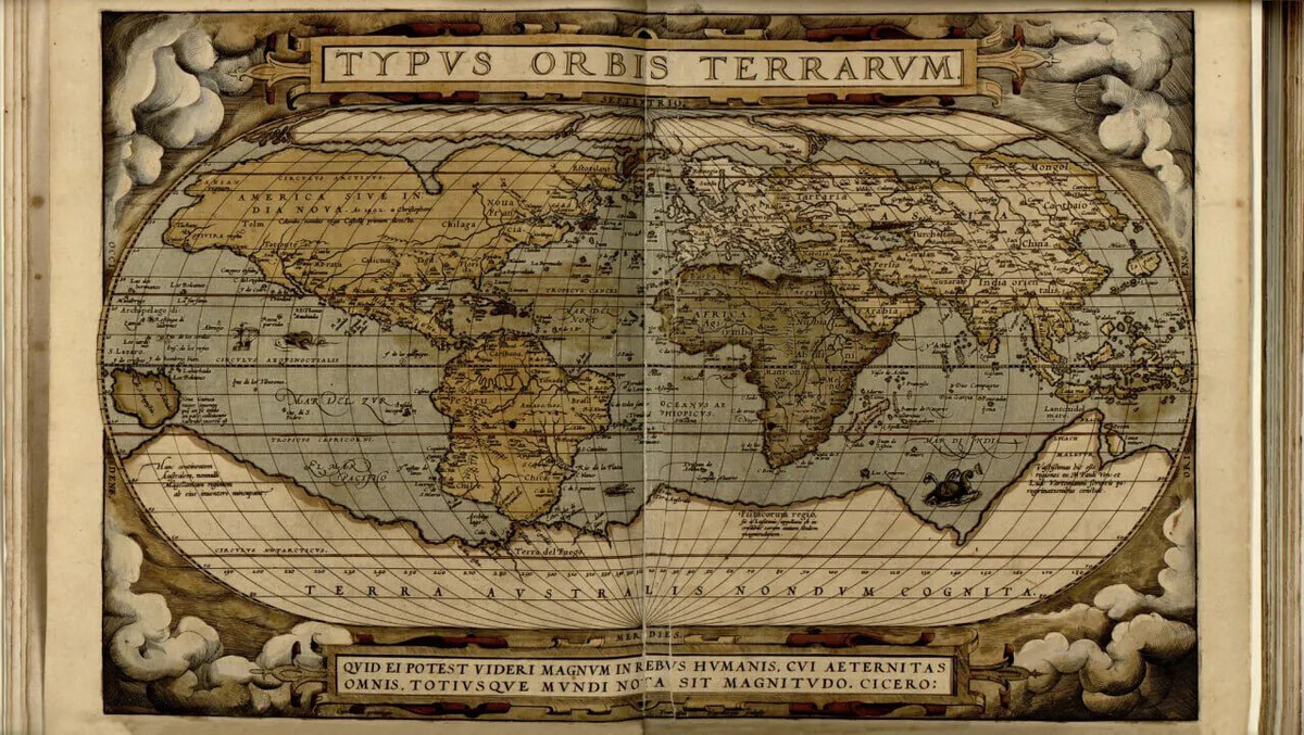 Карта мира из первого в мире географического атласа "Theatrum Orbis Terrarum" ("Зрелище Круга Земного"), Абрахам Ортелий, 1570, Антверпен.