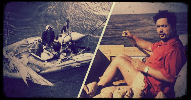 Ален Бомбар на спасательном надувном плоту "Еретик"