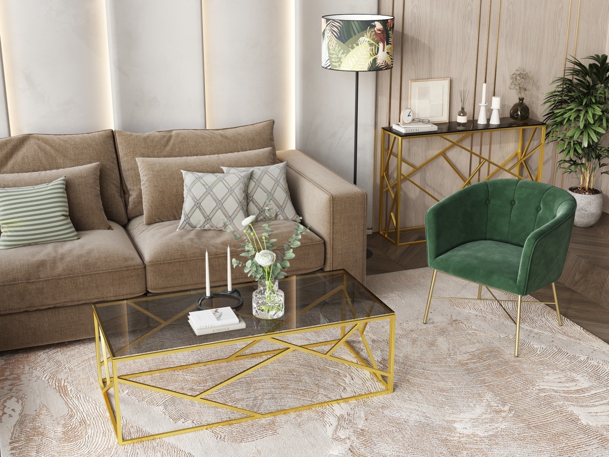 Интерьер с мебелью на золотых ножках: Кресло Шале из зеленого велюра, журнальный столик Арт-Деко золото и стекло, консоль Арт-Деко золото и стекло