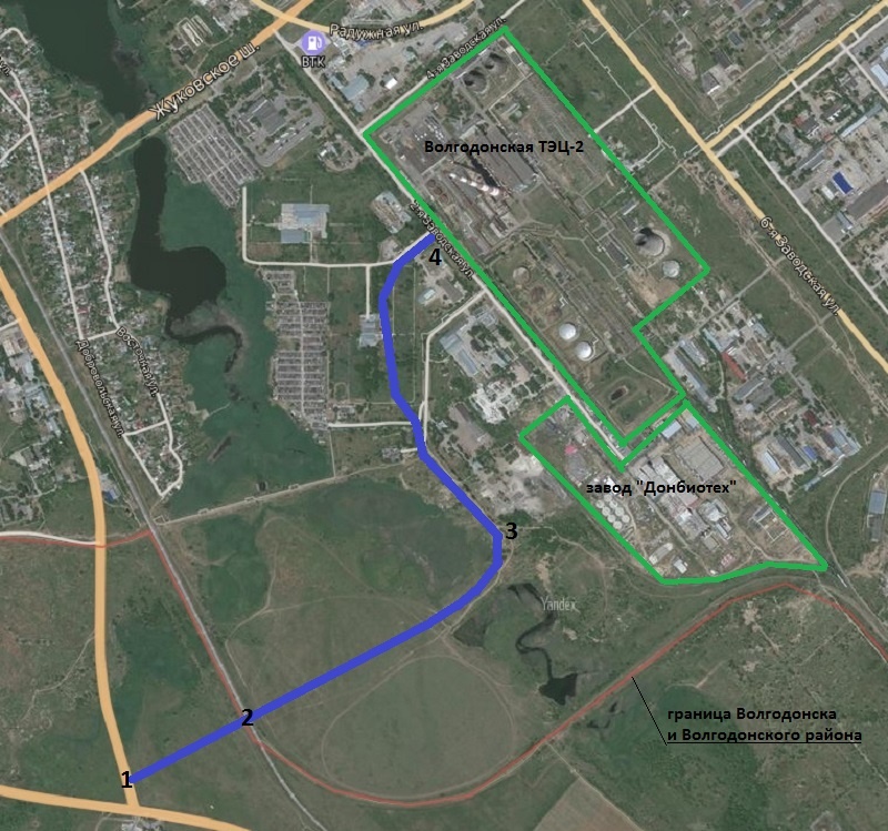 
Схема проектируемой автомобильной дороги (синяя линия, трасса на снимке проведена приблизительно). Цифрами обозначены: 1 - начало дороги рядом с зимовниковской трассой, 2 - переход через железную дорогу, 3 - выход на завод "Донбиотех", 4 - окончание трассы на улице 2-я Заводская.