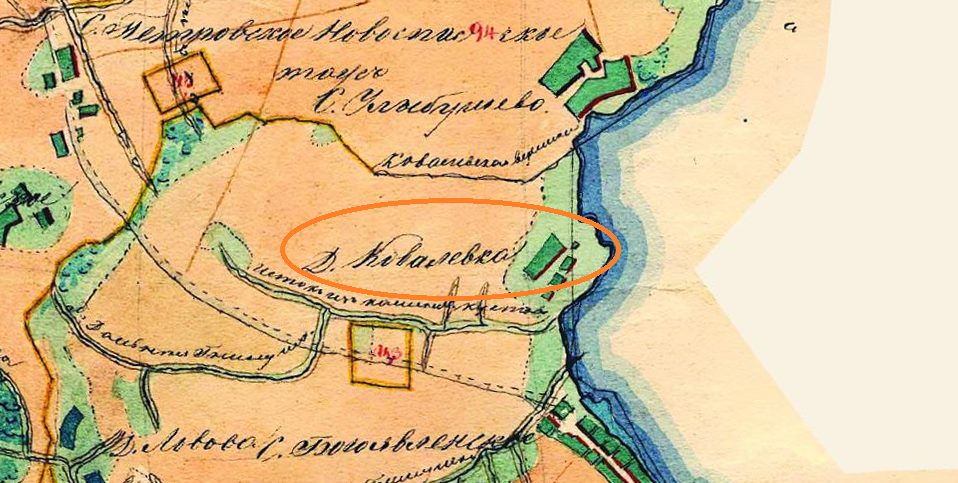 Деревня Ковалёвка. Карта 18 века.