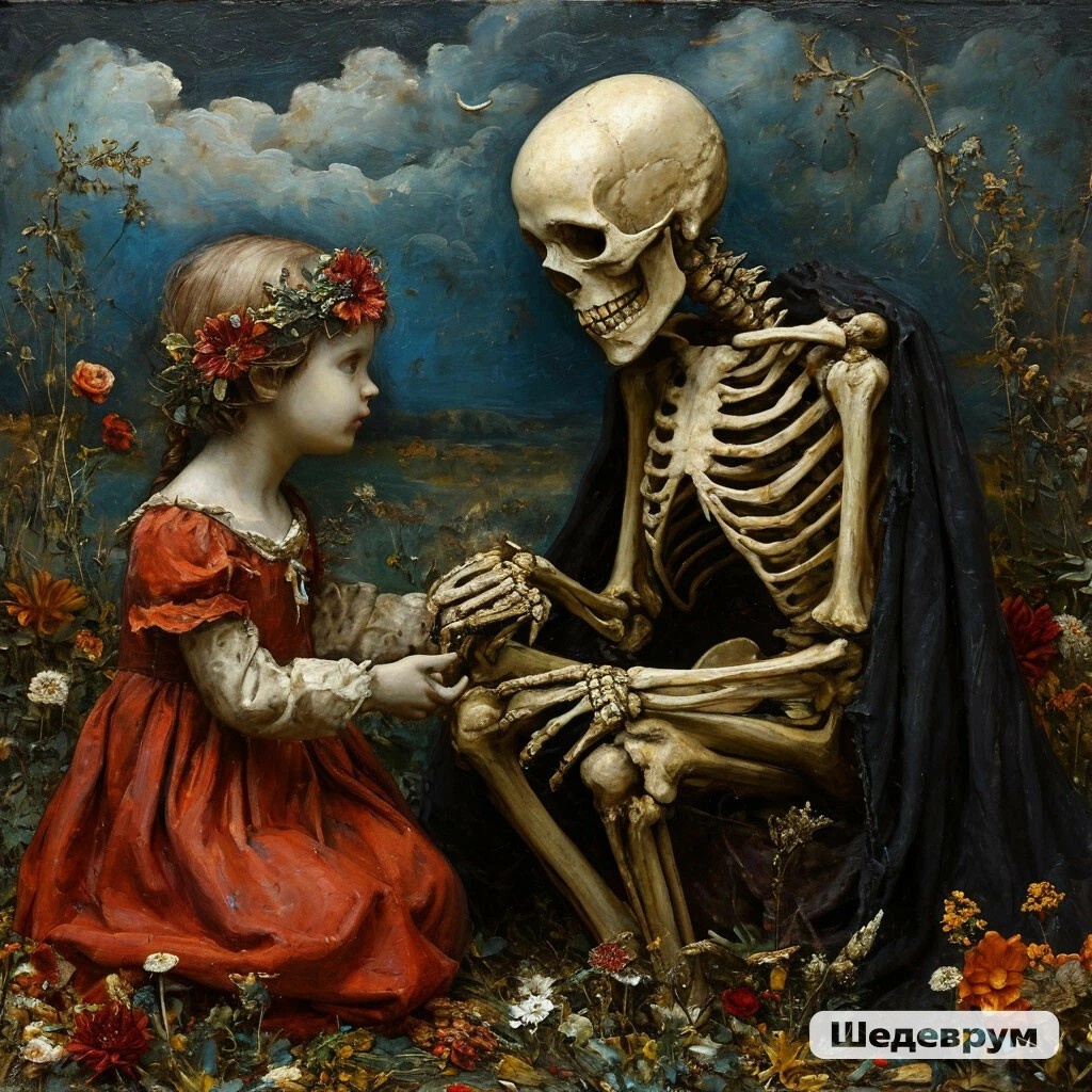 Картинка сгенерирована ИИ приложения "Шедеврум" по запросу "дети и смерть". Мне кажется, что в ней есть что-то про готовность детей соприкасаться и проживать. 
