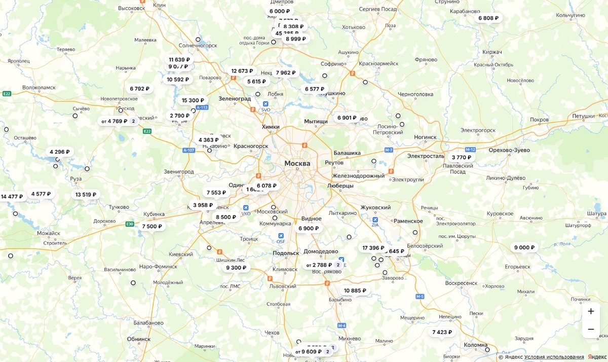 Карта точек по запросу "снять дом в Подмосковье"