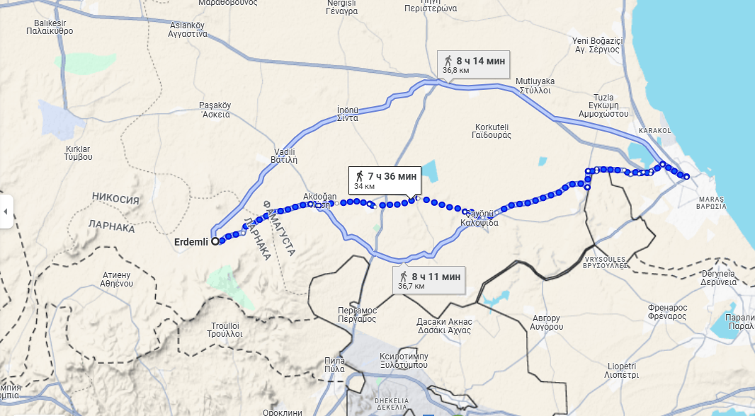 Предположительные маршруты святителя Спиридона из Тримифунта в Саламин