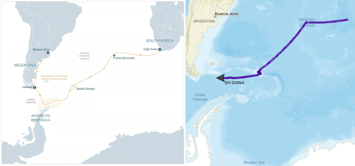     Слева — запланированный маршрут круиза, справа — маршрут судна SH Diana за последние 14 суток (по данным портала ShipInfo) / Скриншоты с сайтов swanhellenic.com / shipinfo.net