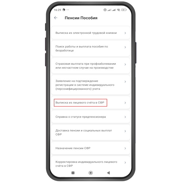 Найдите пункт «Выписка из лицевого счёта в СФР» и нажмите на него. →