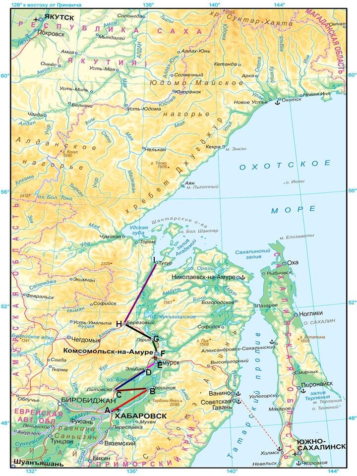 Маршрут разбитый на отрезки по направлениям сторон света
