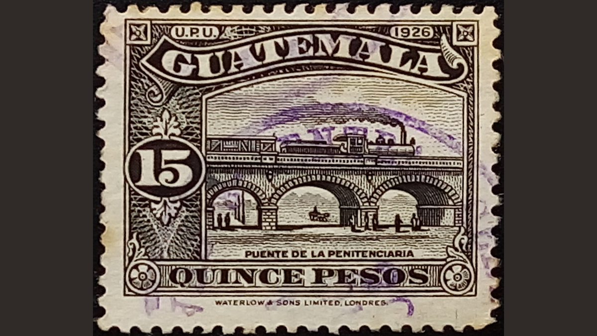 1. Гватемала, 1926 год, № 216, гашеная марка. Железнодорожный мост. В галерее полная серия марок (нажмите правую стрелку).