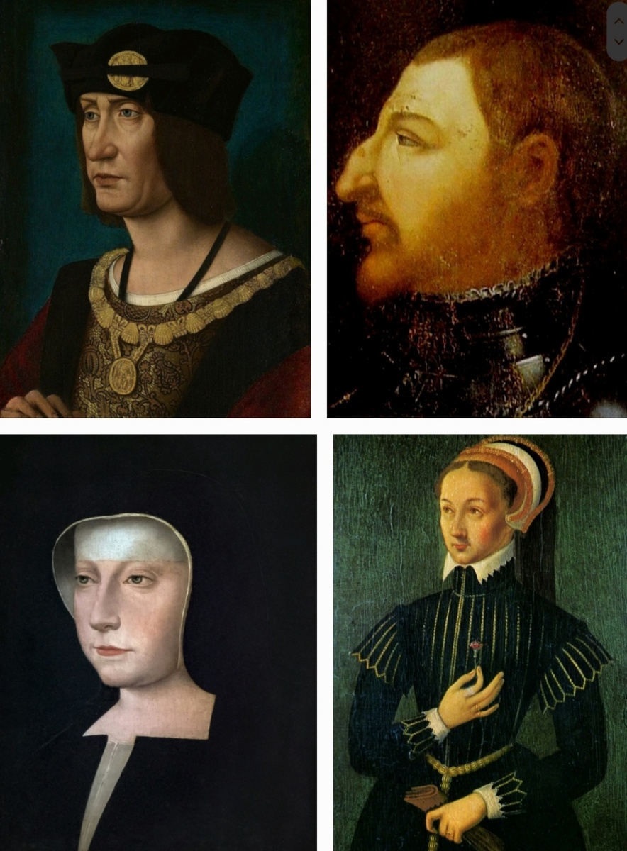 Людовик XII в левом верхнем, под ним Луиза Савойская, справа от неё Клод Французская, а над последней Карл Ангулемский.