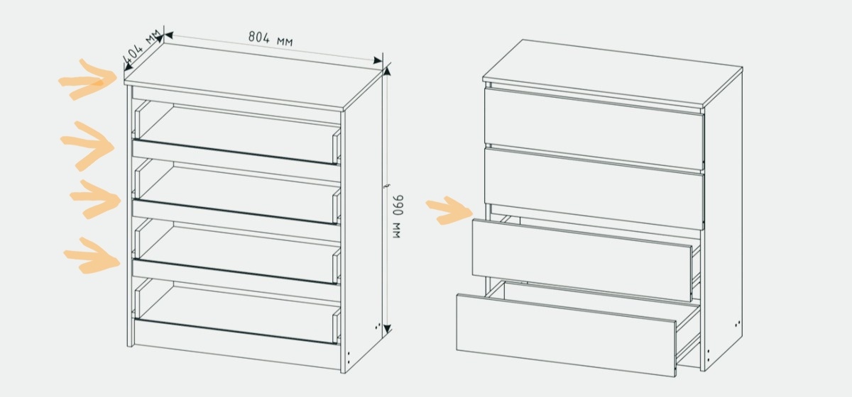 Рисунок - схема для иллюстрации того, какие именно планки крадут 5 сантиметров у ящиков. В обычных комодах они отсутствуют, поэтому вы можете положить в ящики больше вещей 