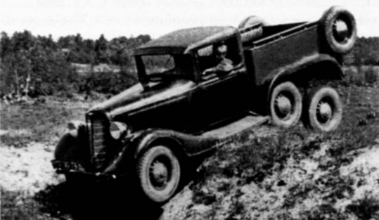 фото - Кочнев Е. "Автомобили Красной Армии 1918-1945"; работа подвески ГАЗ-21 при преодолении препятствий, приводы задних ведущих мостов ГАЗ-21, по сложности конструкции, уже не слишком отличались от полного; вместе с остановкой работ по семейству ГАЗ-21, стали бесперспективными и работы по опытным лёгким бронеавтомобилям БА-21 и БА-23/ЛБ-23