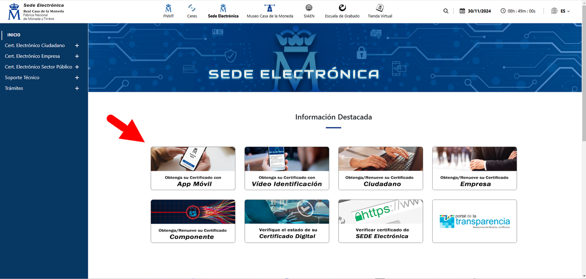 Сайт https://www.sede.fnmt.gob.es/inicio