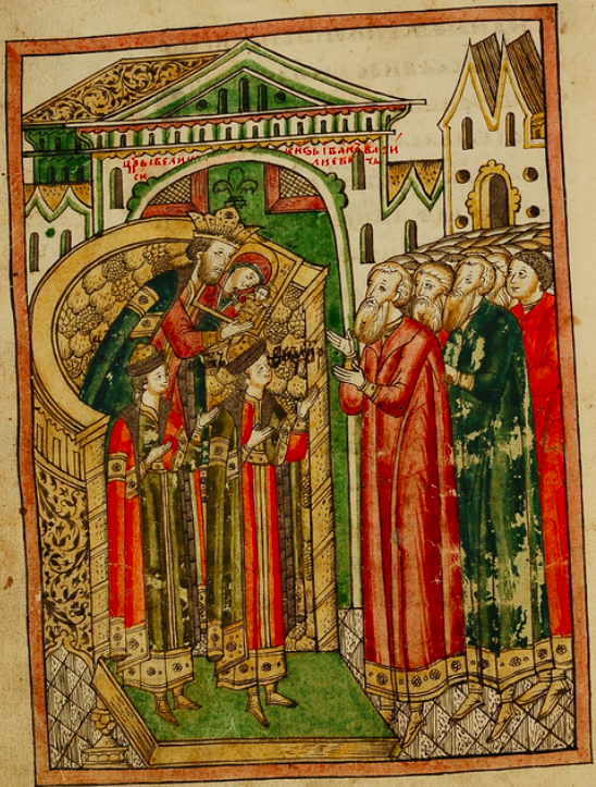 Иван IV, царевичи Иван и Фёдор с Казанской иконой Богоматери