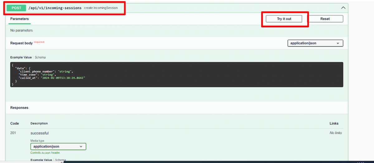 1) Находим нужный нам эндпоинт и нажимаем Try it out. 2) Вводим необходимые данные:
{    "data" : {
        "client_phone_number":"+79299765674",
        "time_zone":"Europe/Moscow",
        "called_at":"2024-02-07T15:22:18.219Z"    }}
3) Нажимаем Execute, получаем ответ, в котором видно что сессия успешно вызвана и ранее созданная доставка для пользователя с номером +79299765674 найдена.
