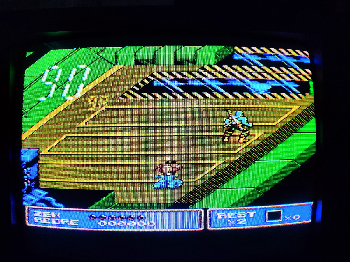 Фото  мной. На фото игра "Зен: межгалактический ниндзя". Оригинал игры "Zen: Intergalactic Ninja" был разработан и издан Konami в 1993г. для NES, Game Boy. Изначально Zen был персонажем комикса. Создатели персонажа Стивен Л. Стерн, Дэн Коут. Фото демонстрирует начальную заставку игры, а так же общий визуальный фон игры. Подробнее об этом рассказано в статье. Все материалы принадлежат правообладателям и размещены исключительно в информационных целях.