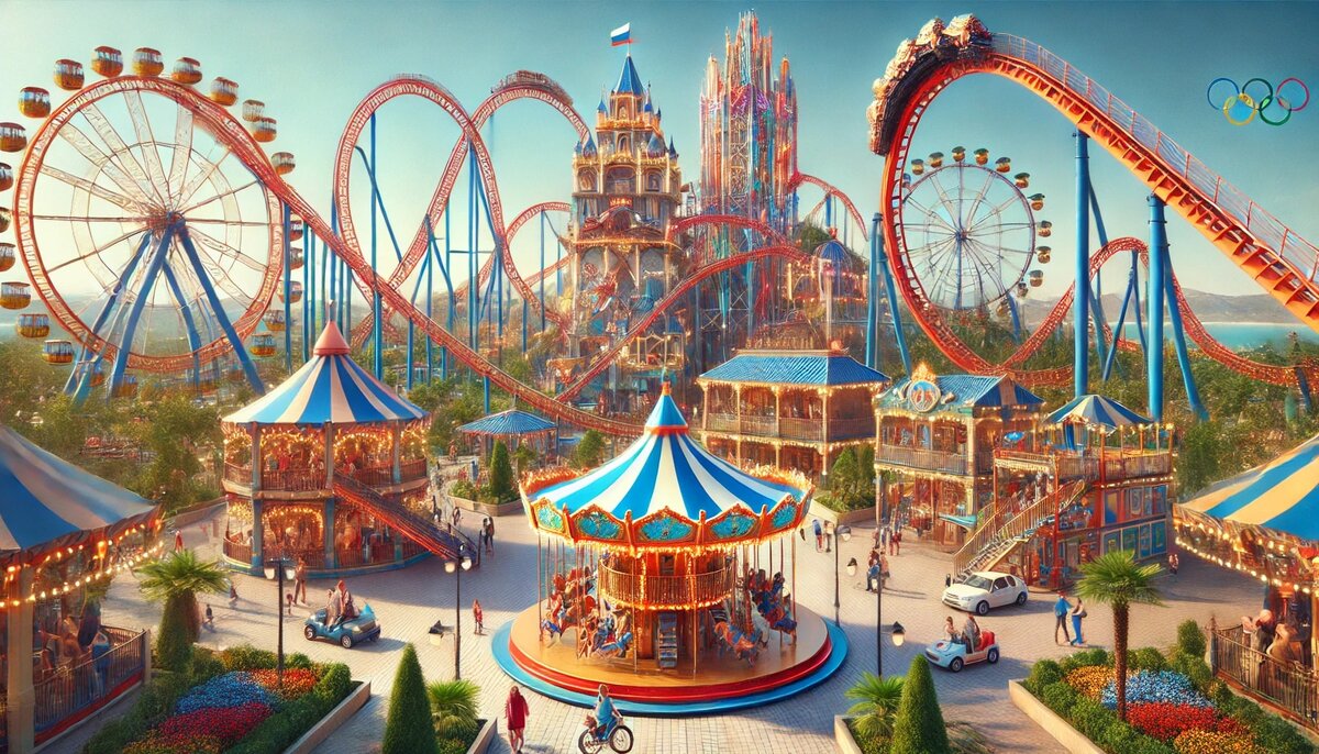 На фотографии изображён оживлённый парк аттракционов в Сочи. Видны высокие американские горки, яркая карусель и детская игровая зона с мини-аттракционами. Посетители наслаждаются катаниями и прогулками по дорожкам. На фоне пальмы и ясное небо создают атмосферу радости и веселья для всей семьи.