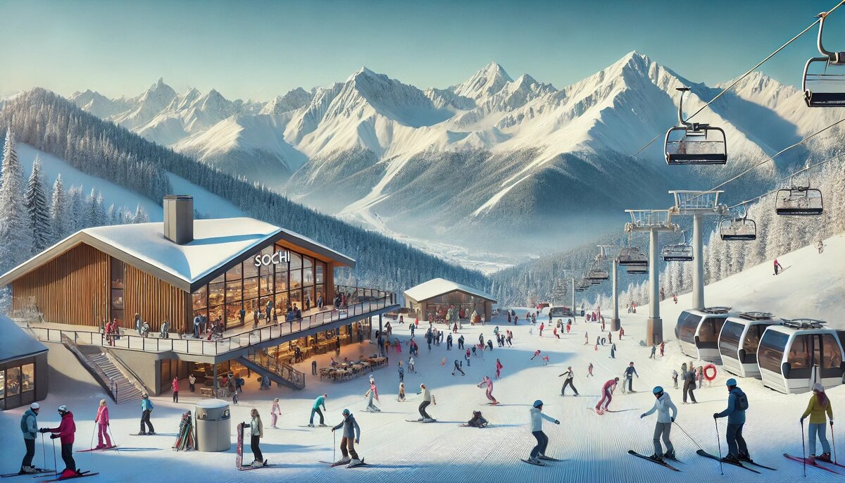 На фотографии изображён популярный горнолыжный курорт в Красной Поляне, Сочи. Сноубордисты и лыжники спускаются по идеально подготовленным снежным склонам на фоне величественных гор. На переднем плане гости курорта готовятся к катанию возле современного лыжного домика, а вдали виден работающий подъёмник. Ясное голубое небо и зимняя атмосфера подчёркивают привлекательность Сочи для любителей зимних видов спорта.