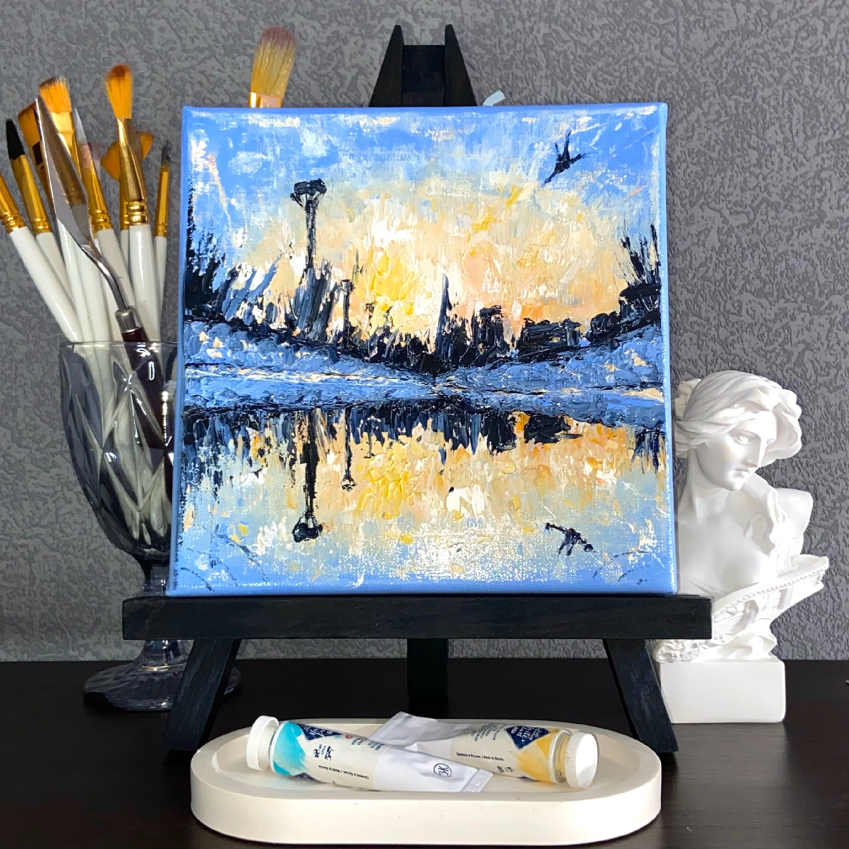 Картина «Мартовский закат», написана маслом, техникой - мастихин, холст на подрамнике 20х20 см. 