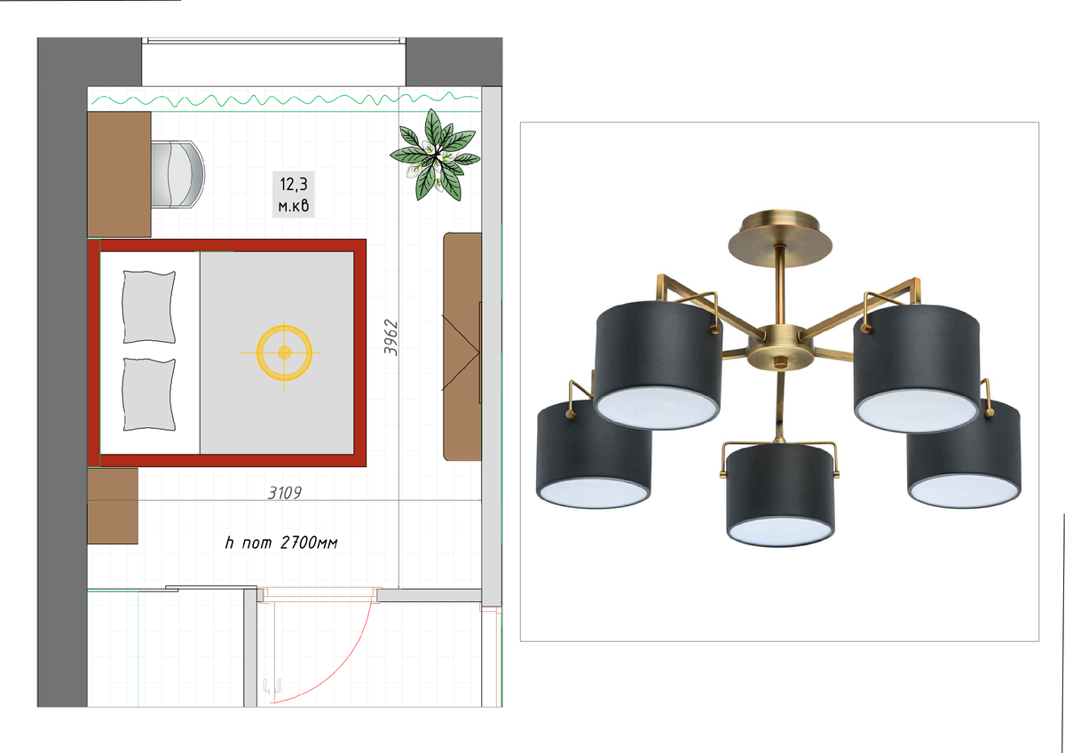 Для расчета возьмем спальню 12,3 м.кв.