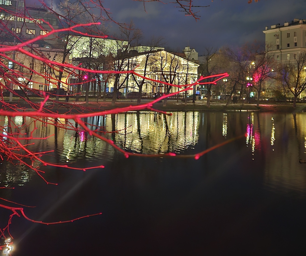 Театр Современник сквозь подсвеченные ветки деревьев