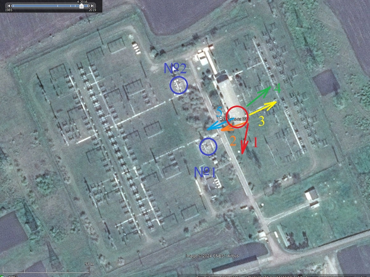 Стрелки - напрвления кадров. Красный кружок - место прилёта, синие - автотрансформаторы. №2, на данный момент, в "будке".
