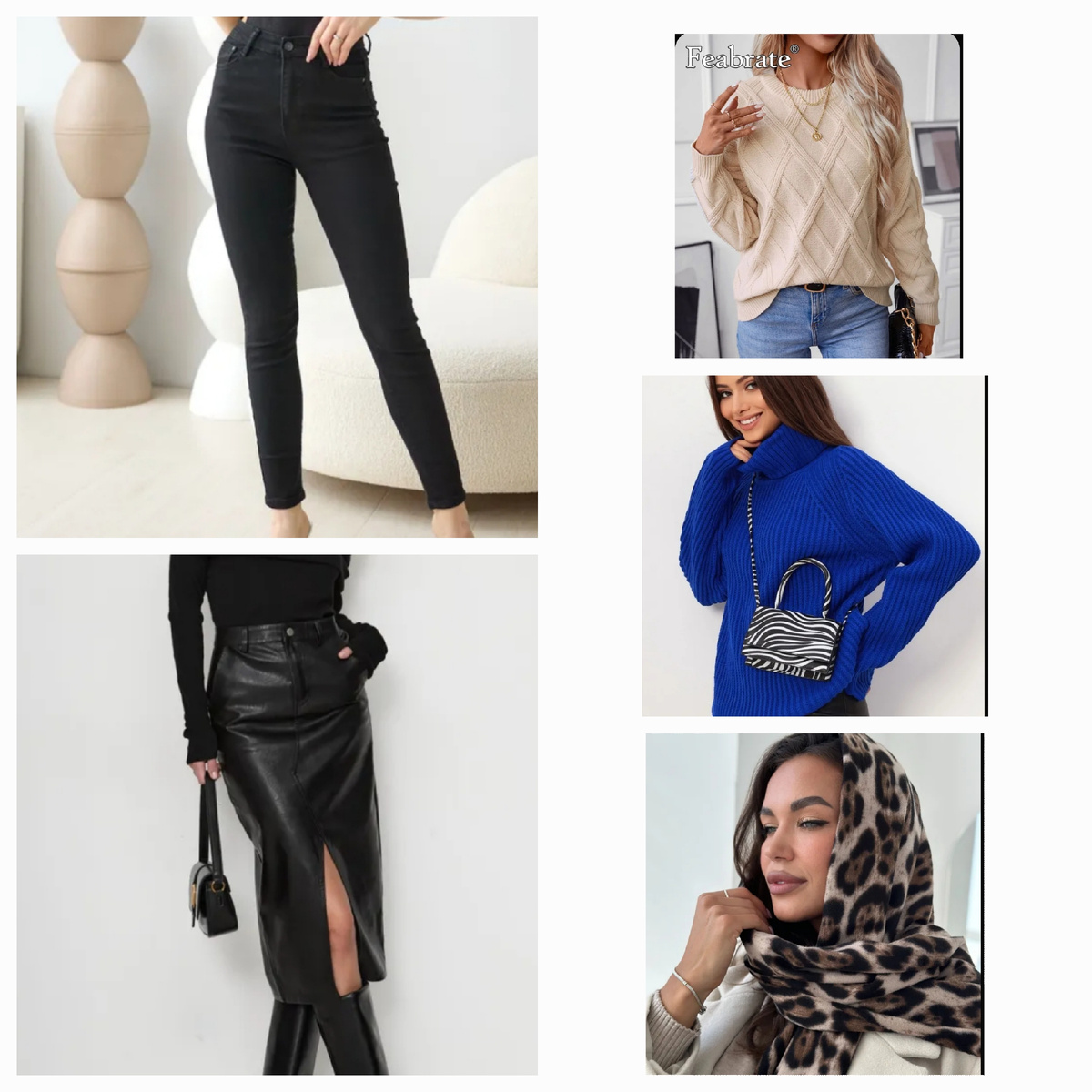 Джинсы чёрные скинни,  кожаная юбка, джемпер бежевый, свитер синий с горлом и шарф под шубу (не ношу шапки).