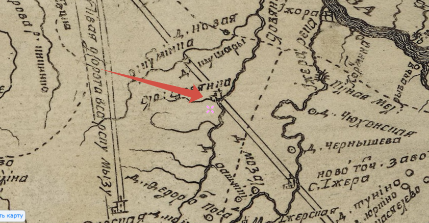 Рисунок 1. Фрагмент карты Ингерманландии 1727 года с обозначенной на ней деревней Славянка