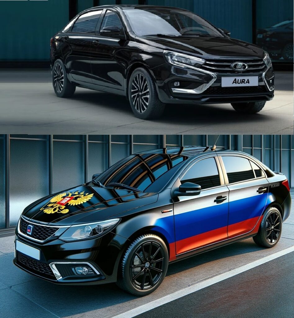    Новая Лада Аура с винилом флага и герба России - в качестве эксперимента от нейросети.