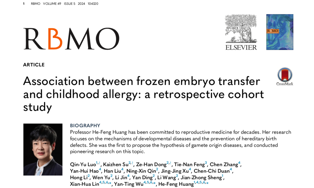 Luo QY, Su K, Dong ZH, Feng TN, Zhang C, Hao YH, Liu H, Qin NX, Xu JJ, Duan CC, Li H, Yu W, Jin L, Ding Y, Wang L, Sheng JZ, Lin XH, Wu YT, Huang HF. Association between frozen embryo transfer and childhood allergy: a retrospective cohort study. Reprod Biomed Online. 2024 Nov;49(5):104320. doi: 10.1016/j.rbmo.2024.104320. 