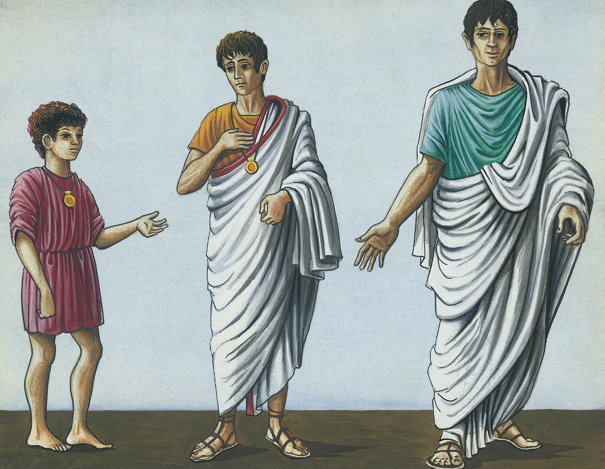 Ребенок в короткой тунике, подросток в претексте, взрослый в тоге. Рисунок, римская цивилизация, II–I века до н.э