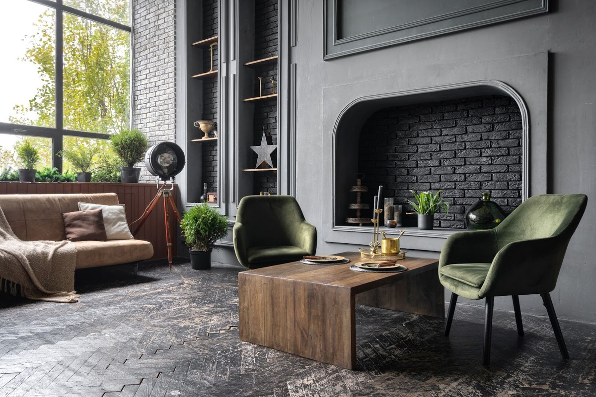 Интерьер гостиной с камином. Красиво! Источник: Shutterstock