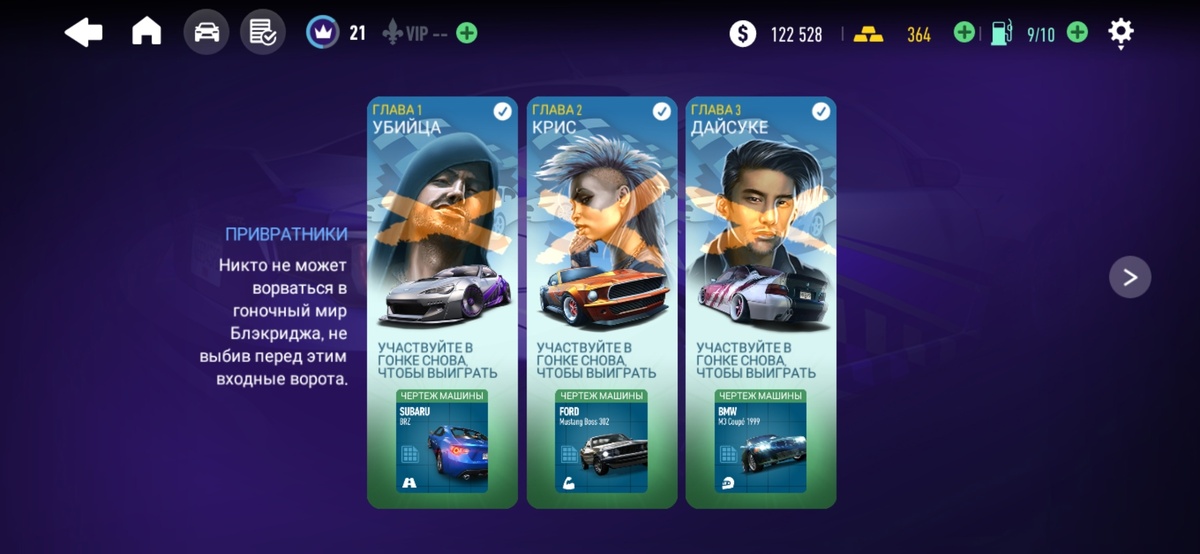 Вкладки с сюжетными главами.