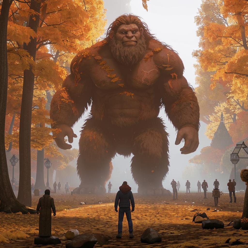 Нейросеть Kandinsky 3.0 на запрос "трёхметровый гигант среди людей, в осеннем антураже" сгенерировала вот такое, например.